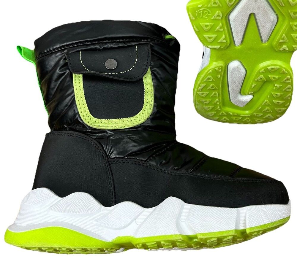Kids Snow Boots Black Neon Green Insulated Waterproof Zip US 12 Toddler